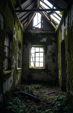 An old, abandoned house with moss-covered walls and visible cracks