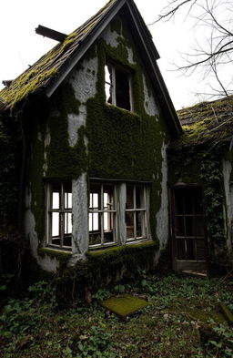 An old, abandoned house with moss-covered walls and visible cracks