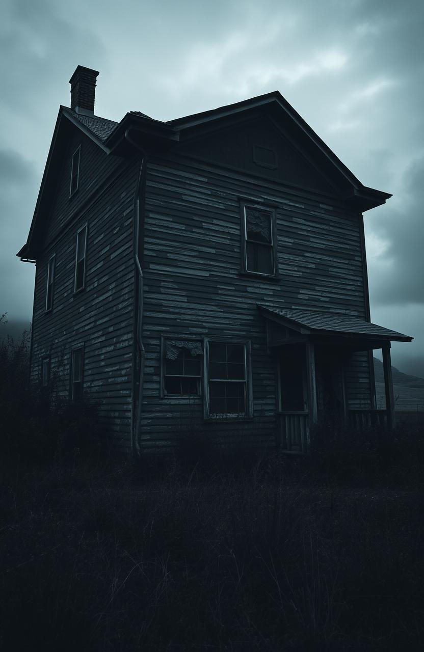 An eerie old house with dark, peeling paint and visible cracks appearing in the walls