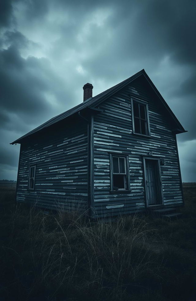 An eerie old house with dark, peeling paint and visible cracks appearing in the walls