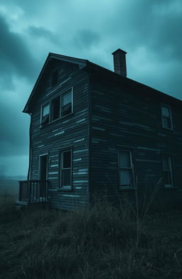 An eerie old house with dark, peeling paint and visible cracks appearing in the walls