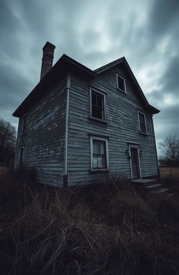 An eerie old house with dark, peeling paint and visible cracks appearing in the walls