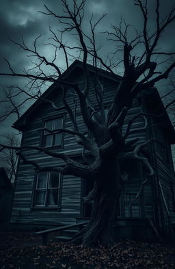 An old, dark house surrounded by an eerie atmosphere, with a gnarled tree in front casting spooky shadows