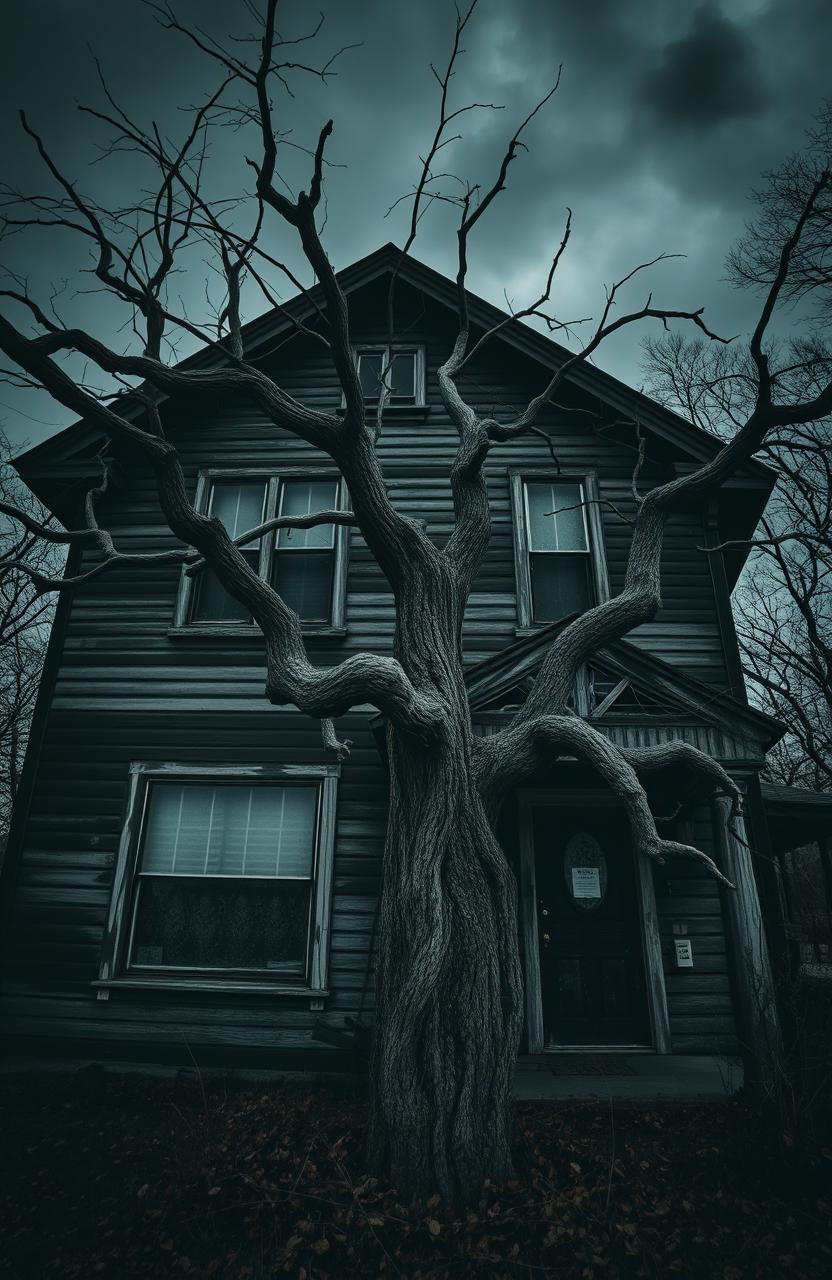 An old, dark house surrounded by an eerie atmosphere, with a gnarled tree in front casting spooky shadows