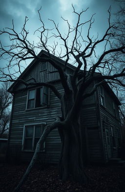 An old, dark house surrounded by an eerie atmosphere, with a gnarled tree in front casting spooky shadows