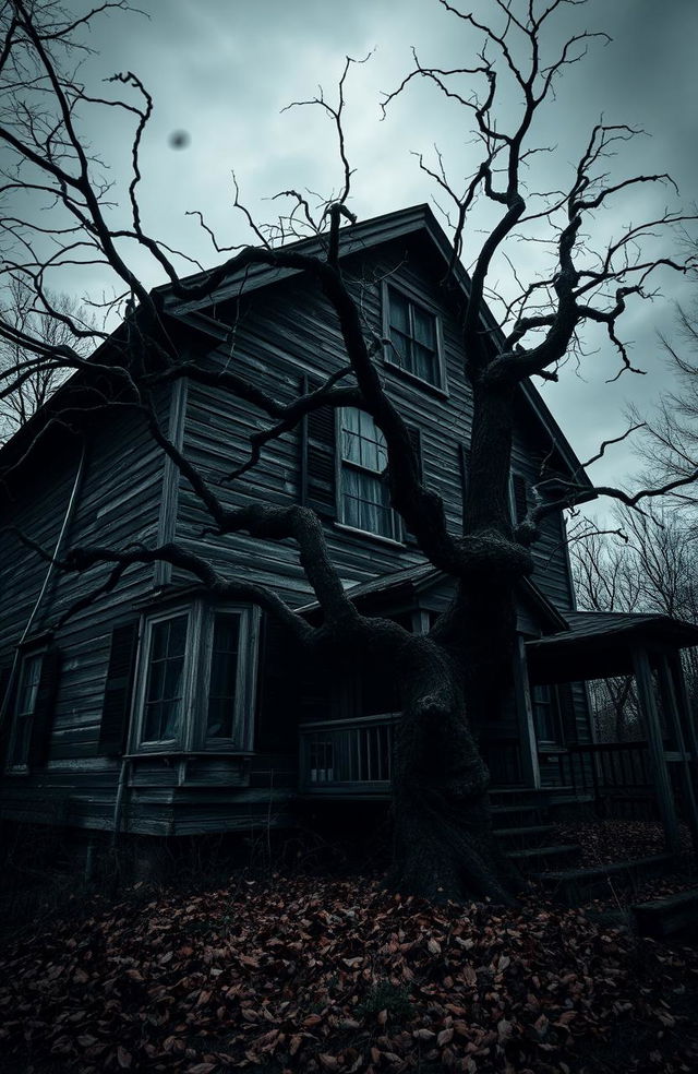 An old, dark house surrounded by an eerie atmosphere, with a gnarled tree in front casting spooky shadows