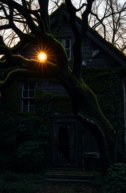An old, dark, and moss-covered house with a mysterious ambiance, surrounded by thick, overgrown greenery