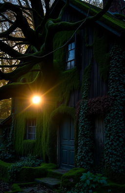 An old, dark, and moss-covered house with a mysterious ambiance, surrounded by thick, overgrown greenery