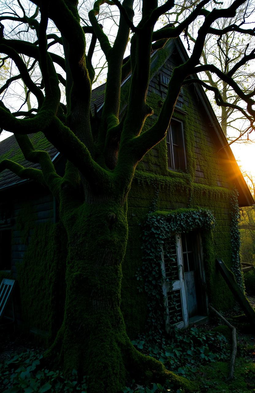 An old, dark, and moss-covered house with a mysterious ambiance, surrounded by thick, overgrown greenery