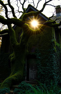 An old, dark, and moss-covered house with a mysterious ambiance, surrounded by thick, overgrown greenery