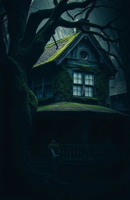 A dark, old two-story house covered in moss, with intricate architecture reflecting its age