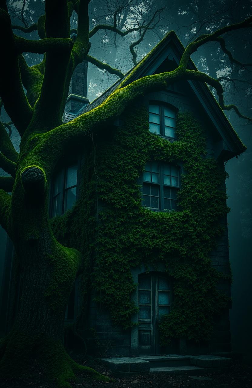 A dark, old two-story house covered in moss, with intricate architecture reflecting its age