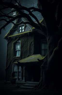 A dark, old two-story house covered in moss, with intricate architecture reflecting its age