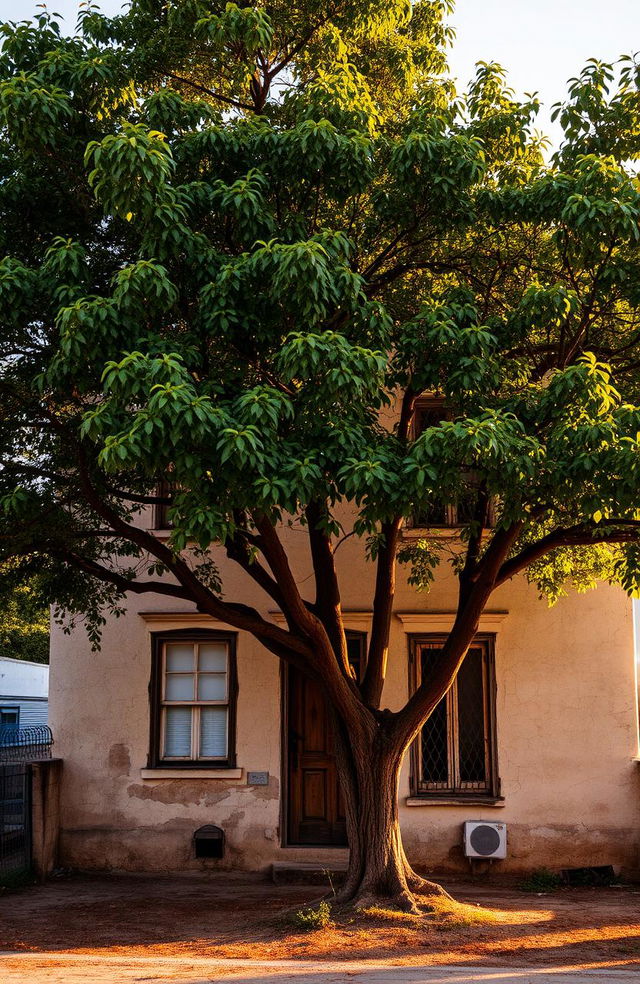 An old two-story house with cracked walls, featuring a large, beautiful tree in front of it