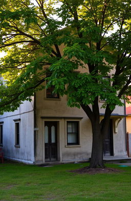 An old two-story house with cracked walls, featuring a large, beautiful tree in front of it
