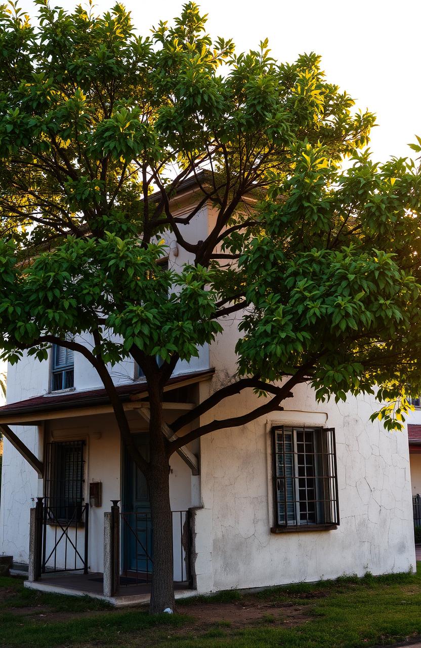 An old two-story house with cracked walls, featuring a large, beautiful tree in front of it