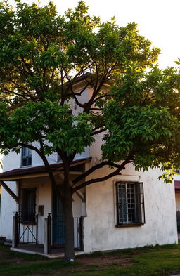 An old two-story house with cracked walls, featuring a large, beautiful tree in front of it