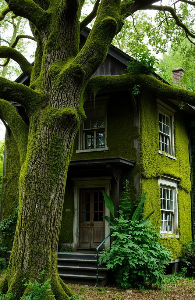 A two-story old house with a large tree in front, the walls are covered in moss, capturing the essence of decay and nature's embrace