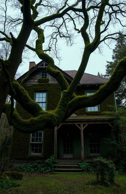 A two-story old house with a large tree in front, the walls are covered in moss, capturing the essence of decay and nature's embrace