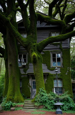 A two-story old house with a large tree in front, the walls are covered in moss, capturing the essence of decay and nature's embrace