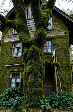 A two-story old house with a large tree in front, the walls are covered in moss, capturing the essence of decay and nature's embrace