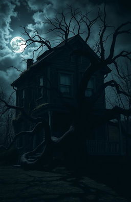 A dark old two-story house with vintage architectural features, surrounded by a slightly eerie atmosphere, with overgrown vines creeping up the walls