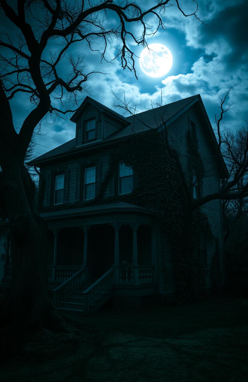 A dark old two-story house with vintage architectural features, surrounded by a slightly eerie atmosphere, with overgrown vines creeping up the walls