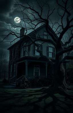 A dark old two-story house with vintage architectural features, surrounded by a slightly eerie atmosphere, with overgrown vines creeping up the walls