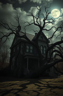 A dark old two-story house with vintage architectural features, surrounded by a slightly eerie atmosphere, with overgrown vines creeping up the walls