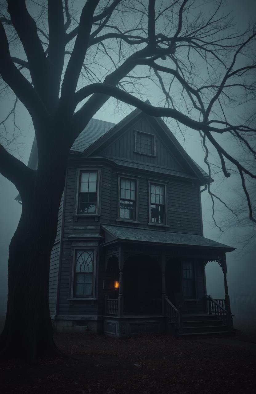 An old, dark two-story house with intricate architectural details, standing prominently in a hauntingly beautiful setting