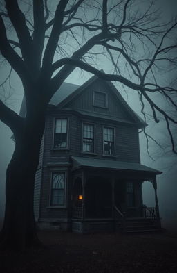 An old, dark two-story house with intricate architectural details, standing prominently in a hauntingly beautiful setting