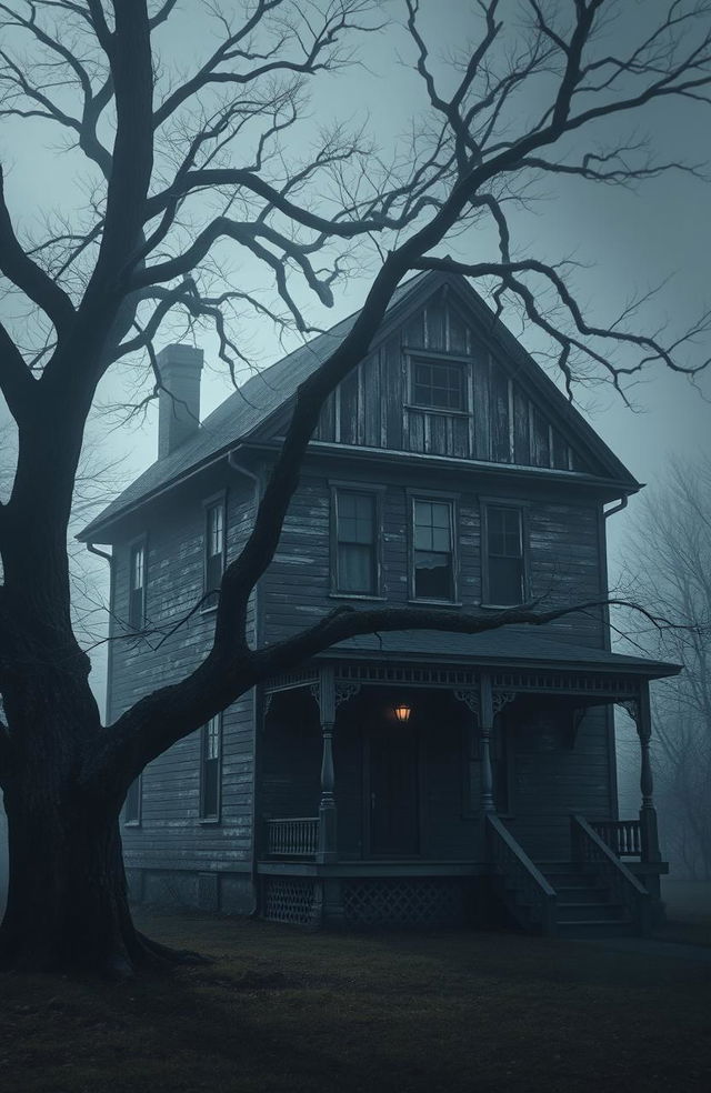 An old, dark two-story house with intricate architectural details, standing prominently in a hauntingly beautiful setting