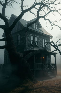 An old, dark two-story house with intricate architectural details, standing prominently in a hauntingly beautiful setting