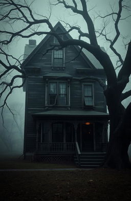 An old, dark two-story house with intricate architectural details, standing prominently in a hauntingly beautiful setting