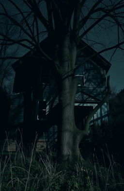 A dark, old two-story house with a tree in front of it