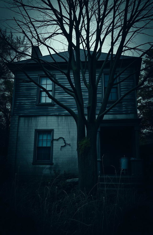 A dark, old two-story house with a tree in front of it