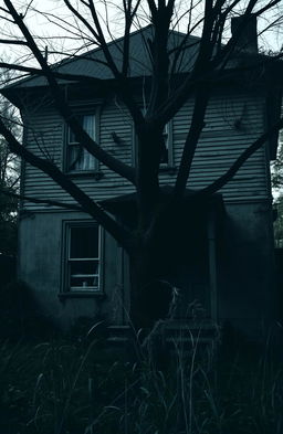 A dark, old two-story house with a tree in front of it