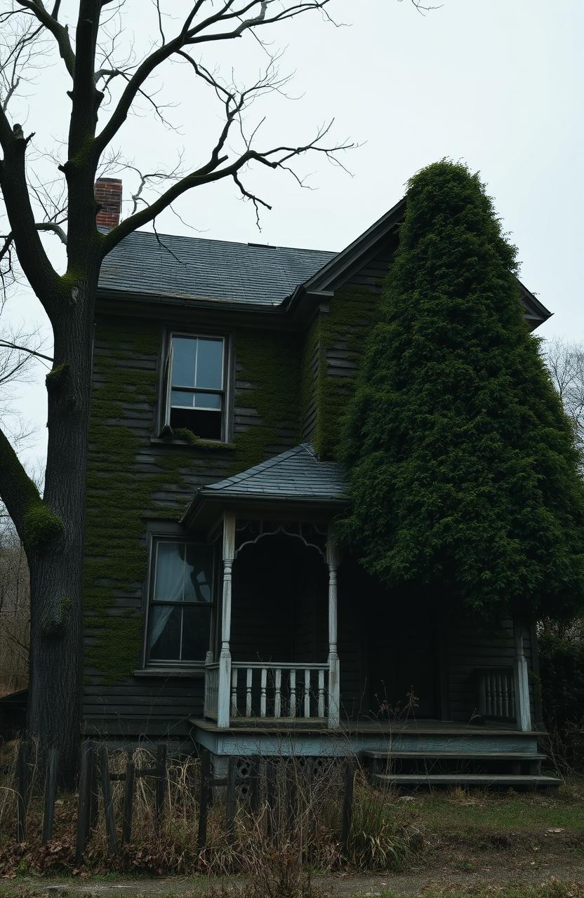 A dark, old two-story house with a slightly eerie atmosphere, featuring a large tree in front