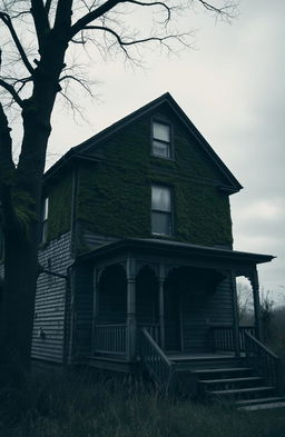 A dark, old two-story house with a slightly eerie atmosphere, featuring a large tree in front