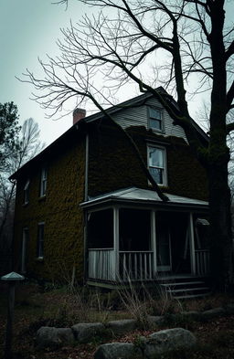 A dark, old two-story house with a slightly eerie atmosphere, featuring a large tree in front