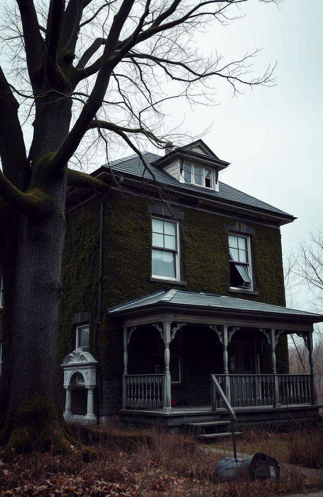 A dark, old two-story house with a slightly eerie atmosphere, featuring a large tree in front