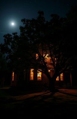 An old two-story house at night, featuring a cozy atmosphere with warm light glowing from the windows