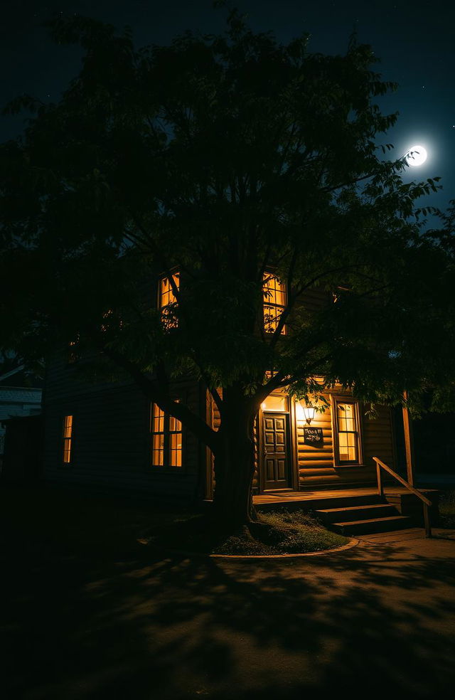 An old two-story house at night, featuring a cozy atmosphere with warm light glowing from the windows