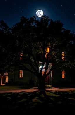 An old two-story house at night, featuring a cozy atmosphere with warm light glowing from the windows