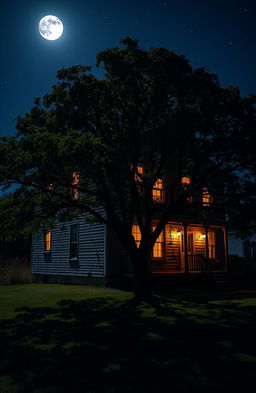 An old two-story house at night, featuring a cozy atmosphere with warm light glowing from the windows