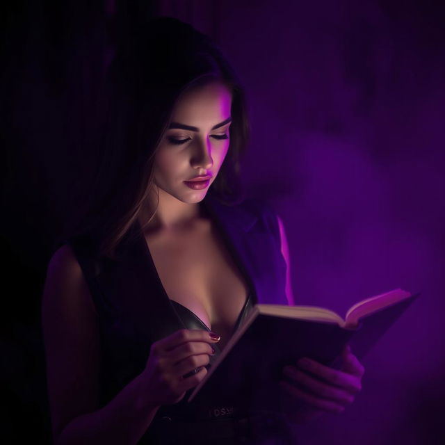 A captivating scene of a woman reading at night, surrounded by a rich, dark atmosphere