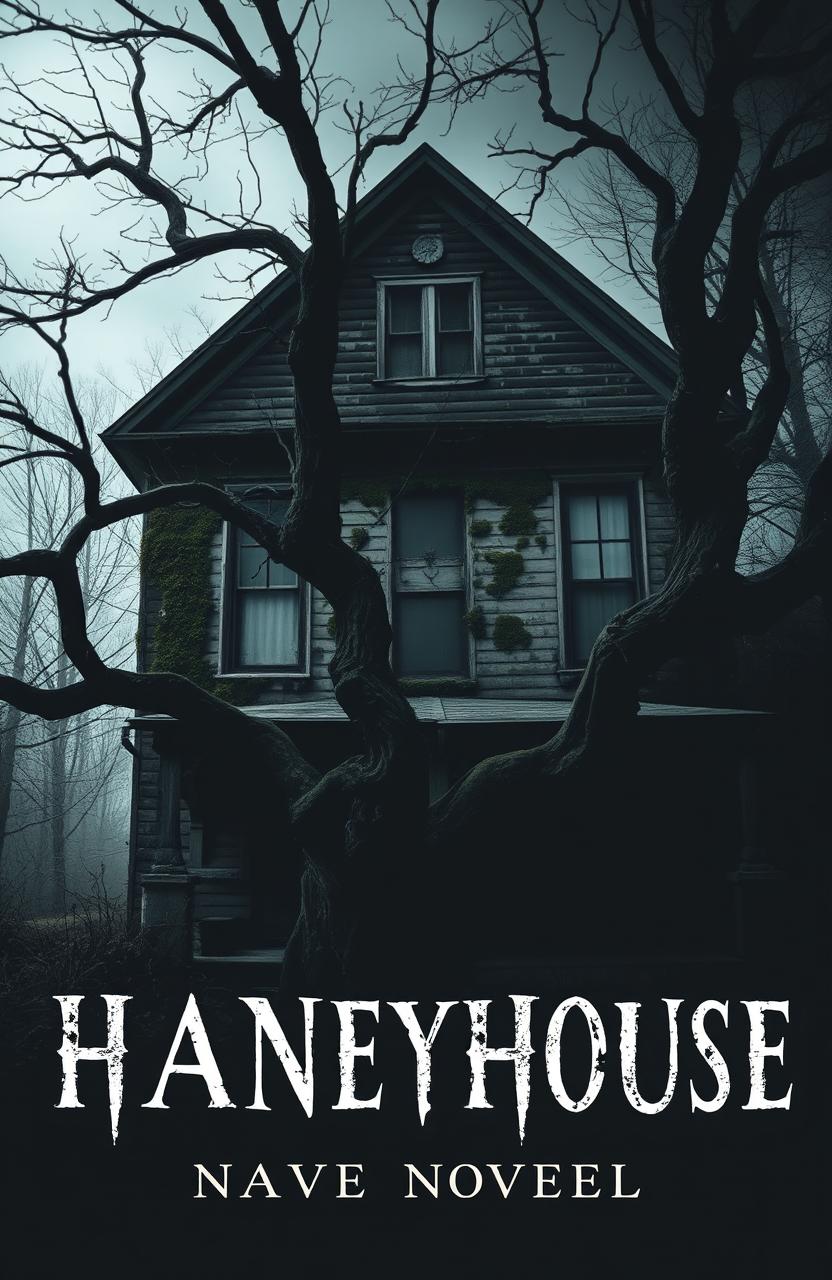 A hauntingly beautiful old house, two stories tall, shrouded in shadows and mystery