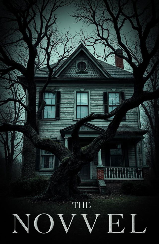 A hauntingly beautiful old house, two stories tall, shrouded in shadows and mystery