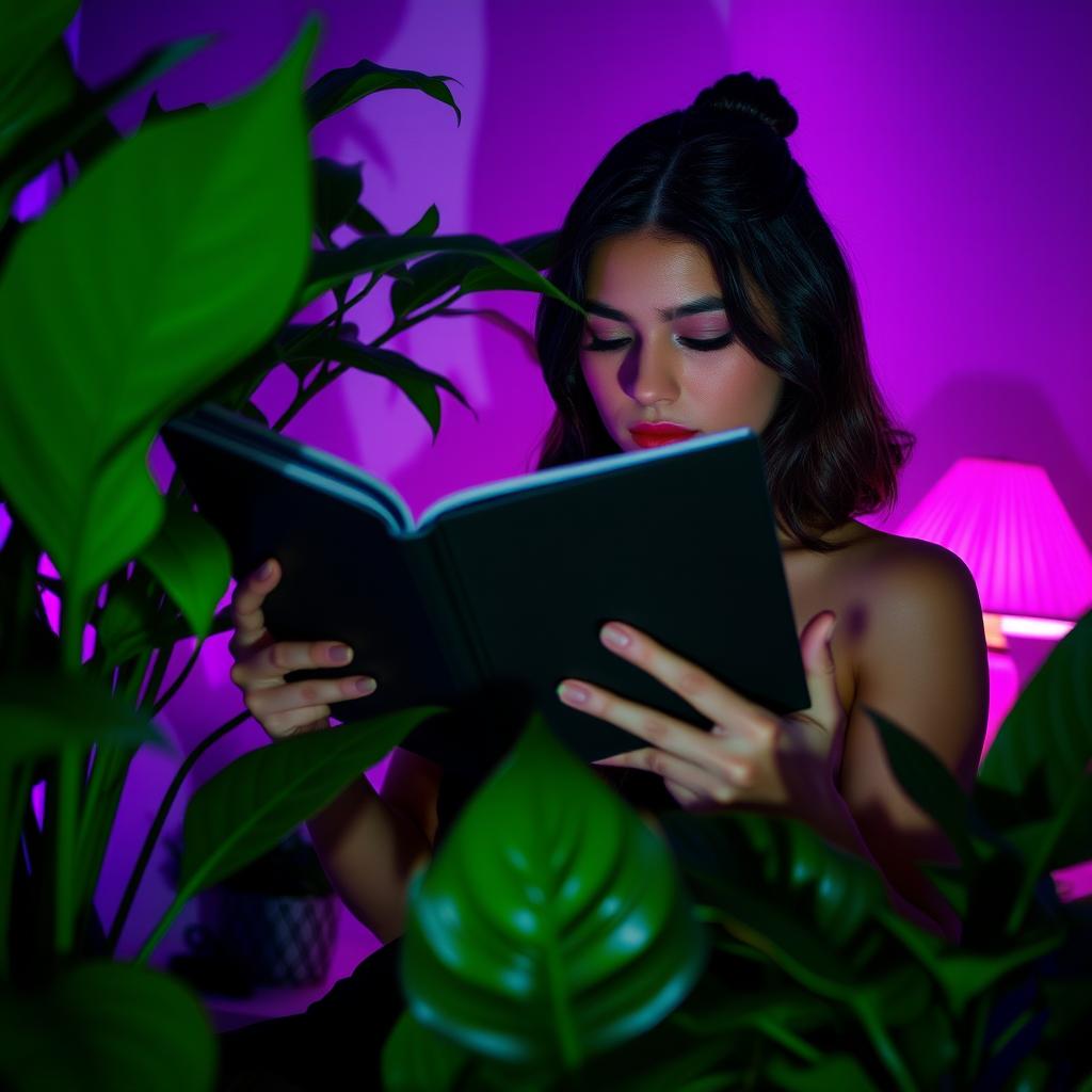 A stylish woman deeply engrossed in a black book during a serene nighttime setting