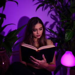 A stylish woman deeply engrossed in a black book during a serene nighttime setting